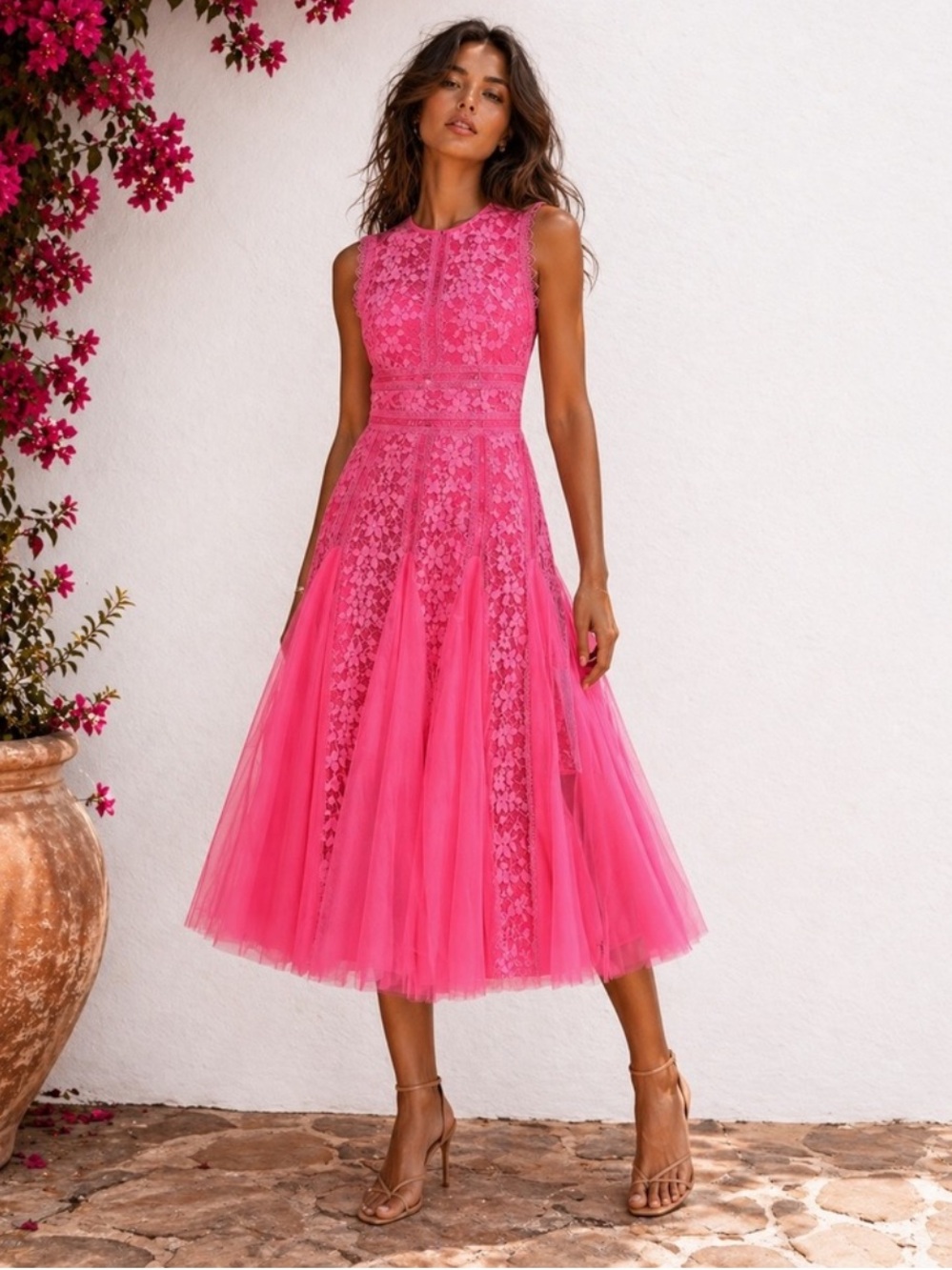 Bronx and Banco Megan Pink Lace Midi Dress